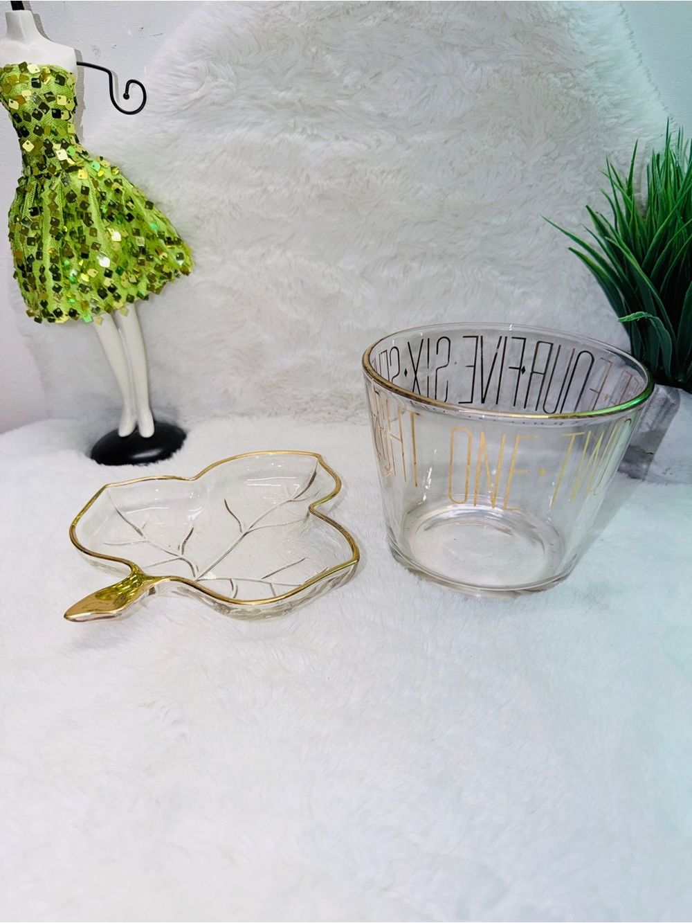 Gold Trim Glass Leaf Dish & Gold Lettered Glass Parfait or Ice Container 🧊